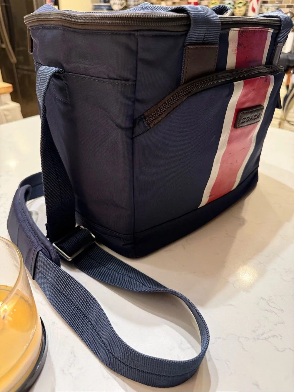Coach Navy Toiletry Bag with Red and White Center Stripe Panel